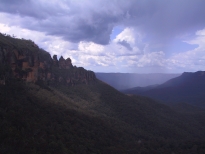 Three Sisters Jamison Valley with rain and hail approaching